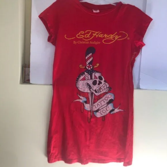 Ed Hardy Vintage Y2K Scull Tattoo Graphic Top T Shirt Fitted Logo Cotton Red L - Picture 2 of 16